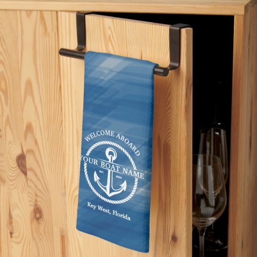 Nautical Navy Blue Welcome Aboard Boat Name Anchor Kitchen Towel