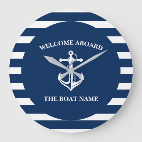 Nautical Navy Blue Welcome Aboard Boat Name Anchor Large Clock