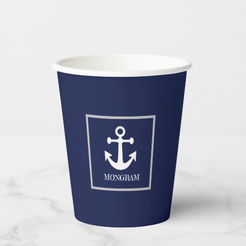 Nautical Navy Blue Welcome Aboard Boat Name Anchor Paper Cups