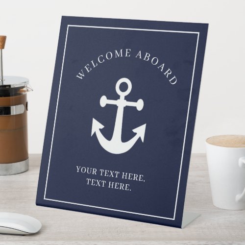 Nautical Navy Blue Welcome Aboard Boat Name Anchor Pedestal Sign