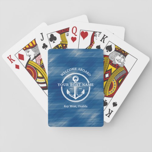 Nautical Navy Blue Welcome Aboard Boat Name Anchor Poker Cards