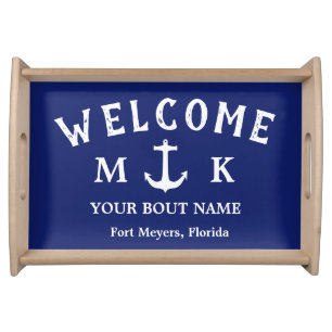 Nautical Navy Blue Welcome Aboard Boat Name Anchor Serving Tray