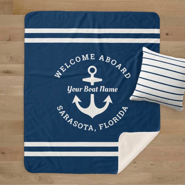 Nautical Navy Blue Welcome Aboard Boat Name Anchor Sherpa Blanket (Creator Uploaded)