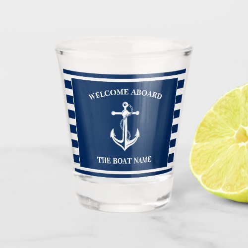Nautical Navy Blue Welcome Aboard Boat Name Anchor Shot Glass