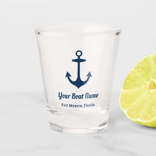 Nautical Navy Blue Welcome Aboard Boat Name Anchor Shot Glass