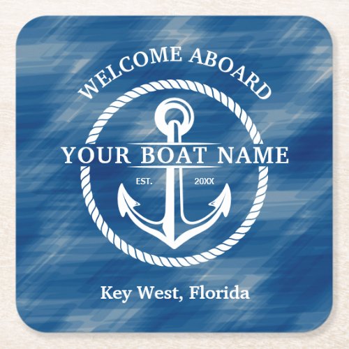 Nautical Navy Blue Welcome Aboard Boat Name Anchor Square Paper Coaster