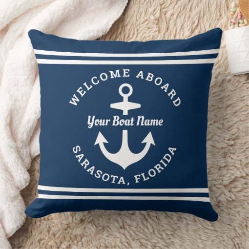 Nautical Navy Blue Welcome Aboard Boat Name Anchor Throw Pillow | Zazzle