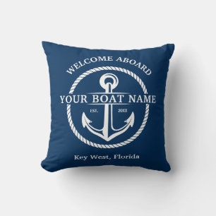 Nautical Navy Blue Welcome Aboard Boat Name Anchor Throw Pillow