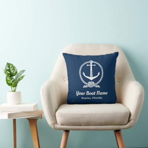 Nautical Navy Blue Welcome Aboard Boat Name Anchor Throw Pillow