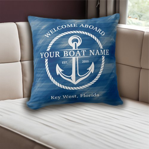 Nautical Navy Blue Welcome Aboard Boat Name Anchor Throw Pillow