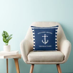Nautical Navy Blue Welcome Aboard Boat Name Anchor Throw Pillow