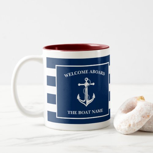 Nautical Navy Blue Welcome Aboard Boat Name Anchor Two_Tone Coffee Mug