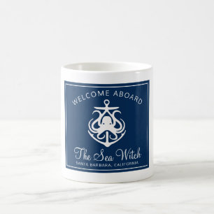 Nautical Navy Blue Welcome Aboard Boat Name   Coff Coffee Mug