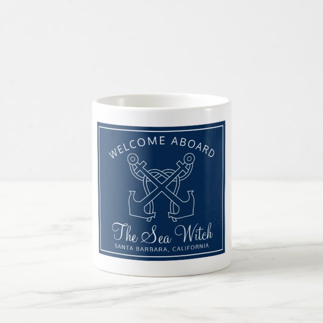 Nautical Navy Blue Welcome Aboard Boat Name   Coffee Mug (Center)