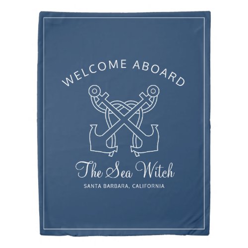 Nautical Navy Blue Welcome Aboard Boat Name Duvet 