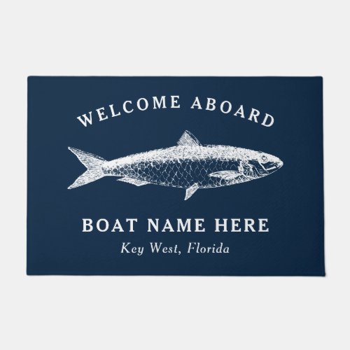 Nautical Navy Blue Welcome Aboard Boat Name Fish Doormat