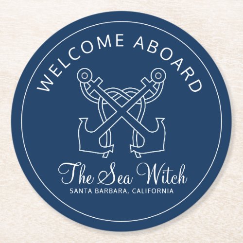 Nautical Navy Blue Welcome Aboard Boat Name  Round Paper Coaster