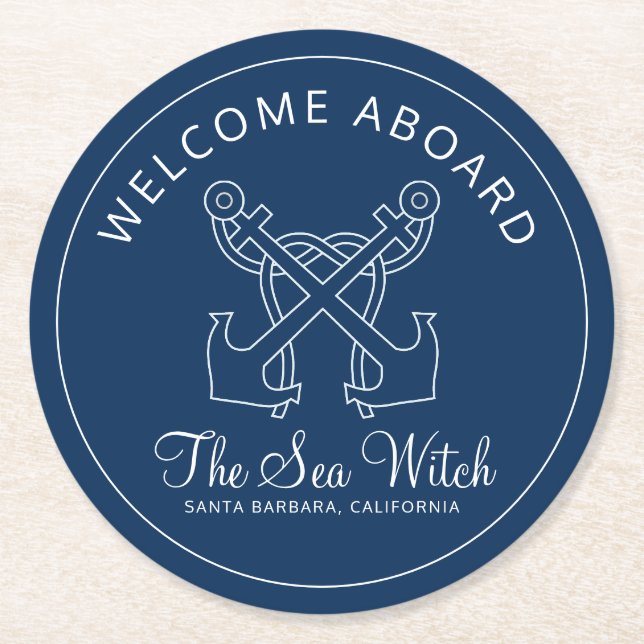 Nautical Navy Blue Welcome Aboard Boat Name  Round Paper Coaster (Front)