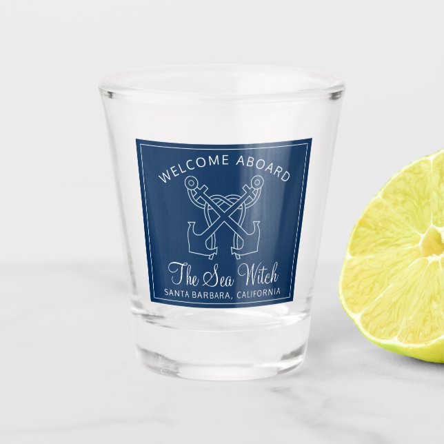 Nautical Navy Blue Welcome Aboard Boat Name Shot Glass (Front)