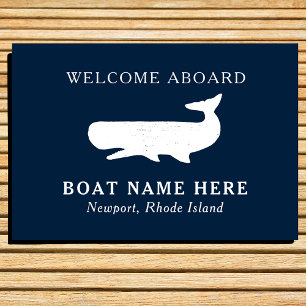 Nautical Navy Blue Welcome Aboard Boat Name Whale  Doormat