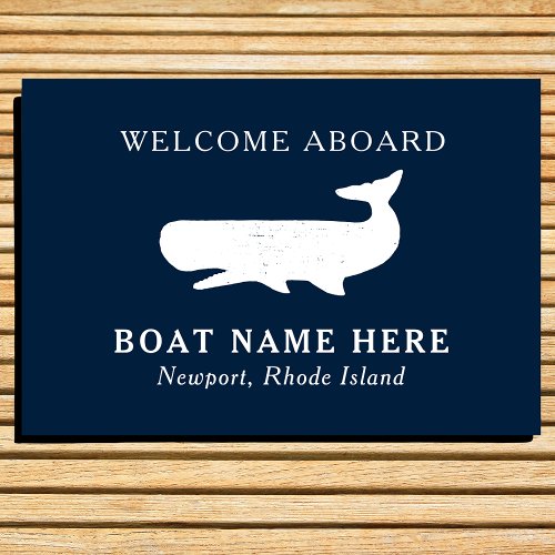 Nautical Navy Blue Welcome Aboard Boat Name Whale  Doormat