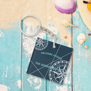 Nautical Navy Blue Welcome Aboard Compass Rose Keychain