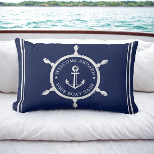 Nautical Navy Blue Welcome Aboard Custom Boat Name Lumbar Pillow