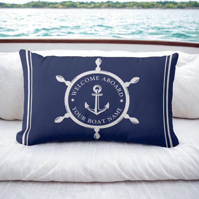 Nautical Navy Blue Welcome Aboard Custom Boat Name Lumbar Pillow (Nautical Navy Blue Welcome Aboard Custom Boat Name Lumbar Pillow)
