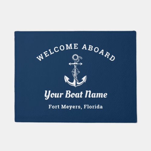 Nautical Navy Blue Welcome Aboard Ship Name Anchor Doormat