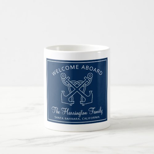 Nautical Navy Blue Welcome Boat Family Name Coffee Mug