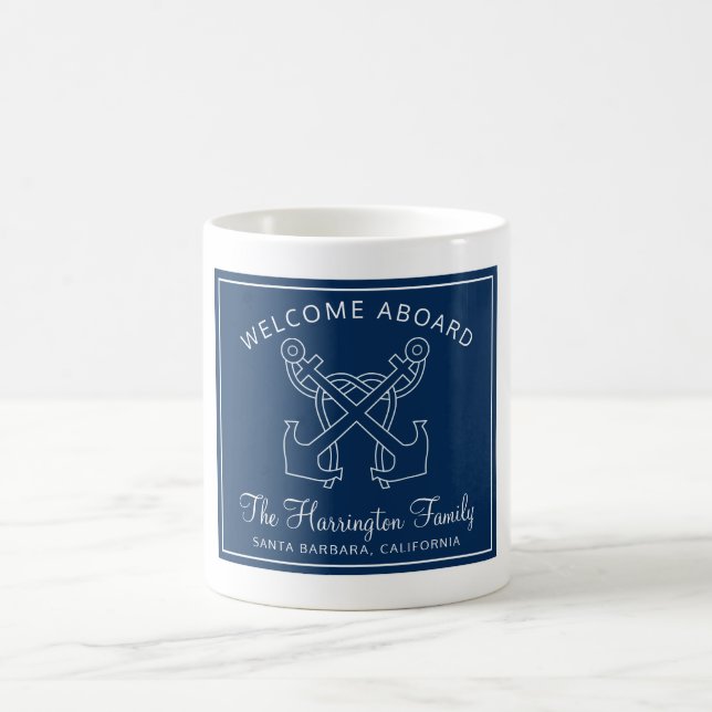 Nautical Navy Blue Welcome Boat Family Name Coffee Mug (Center)