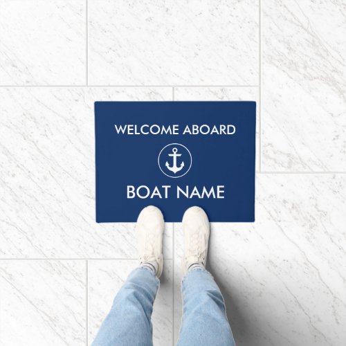 Nautical Navy Blue Welcome Boat Name Door Mat
