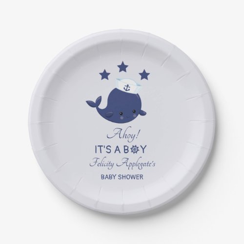 Nautical Navy Blue Whale Ahoy Boy Baby Shower Paper Plates