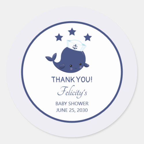 Nautical Navy Blue Whale Baby Shower Thank You Classic Round Sticker