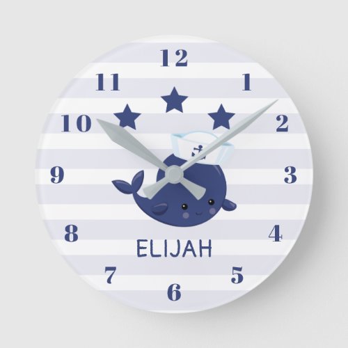 Nautical Navy Blue Whale Boy Baby Nursery Round Clock