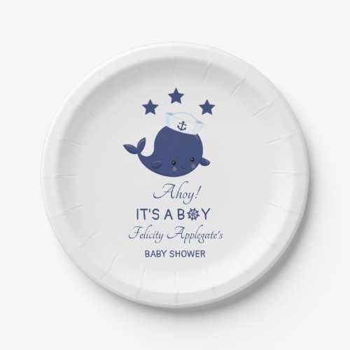 Nautical Navy Blue Whale Boy Baby Shower Paper Plates