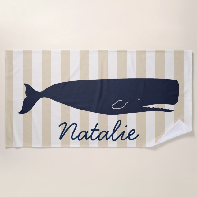 Nautical Navy Blue Whale & Stripes with Name Beach Towel (Front)