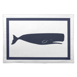 Nautical Navy Blue Whale & White Cloth Placemat