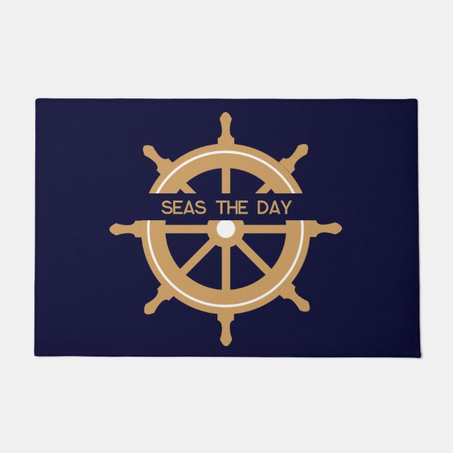 Nautical Navy Blue Wheel Custom Name Doormat (Front)