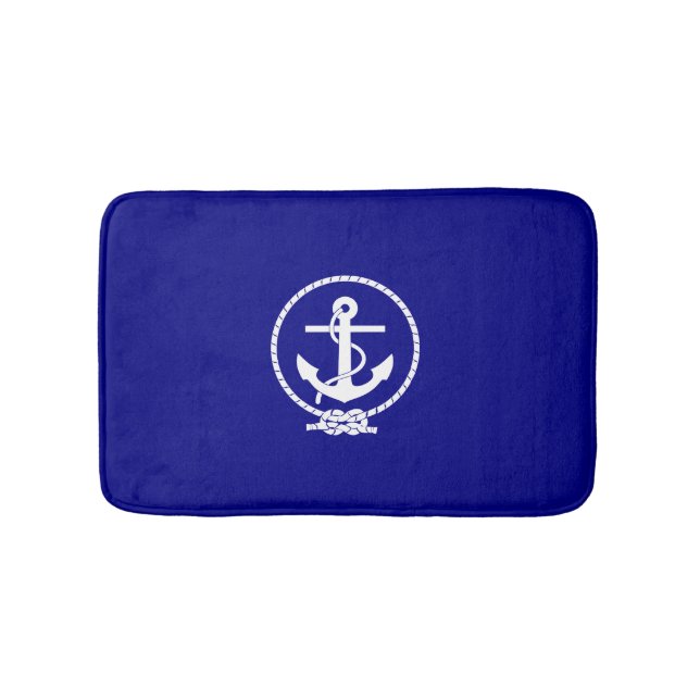 Nautical Navy Blue White Anchor Bathroom Mat (Front)