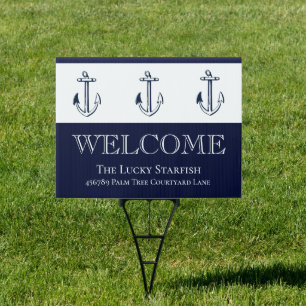 Nautical Navy Blue White Anchor beach house Sign