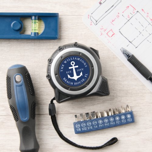 Nautical Navy Blue White Anchor Beach House Tape Measure