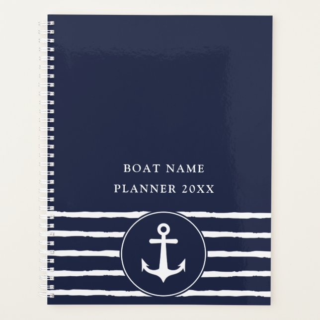 Nautical Navy Blue White Anchor Boat Name 2023 Planner (Front)