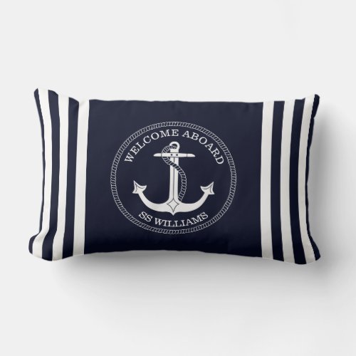 Nautical  Navy Blue White Anchor Boat Name  Lumbar Pillow