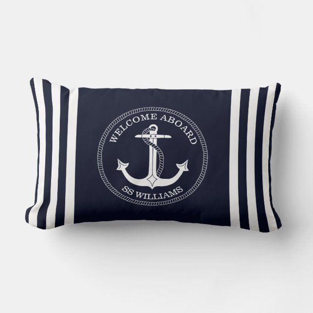 Nautical  Navy Blue White Anchor Boat Name  Lumbar Pillow (Front)