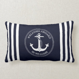 Nautical  Navy Blue White Anchor Boat Name  Lumbar Pillow