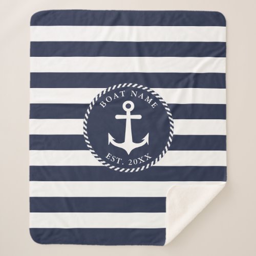 Nautical Navy Blue White Anchor Boat Name Sherpa Blanket