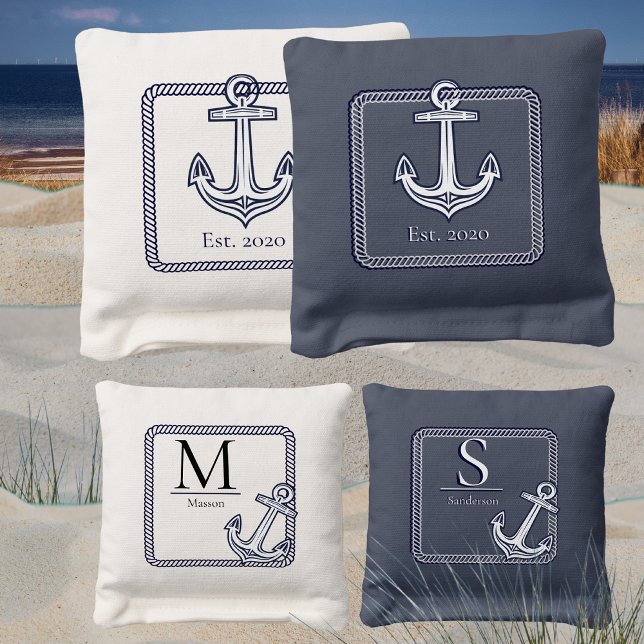 Nautical Navy Blue White Anchor Coastal Monogram Cornhole Bags (Creator Uploaded)