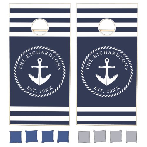 Nautical Navy Blue White Anchor Cornhole Set