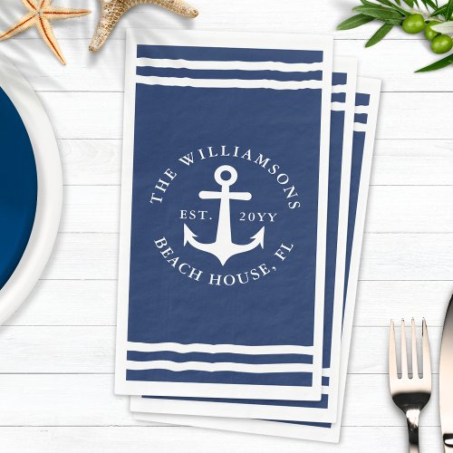 Nautical Navy Blue White Anchor Family Name Paper Guest Towels